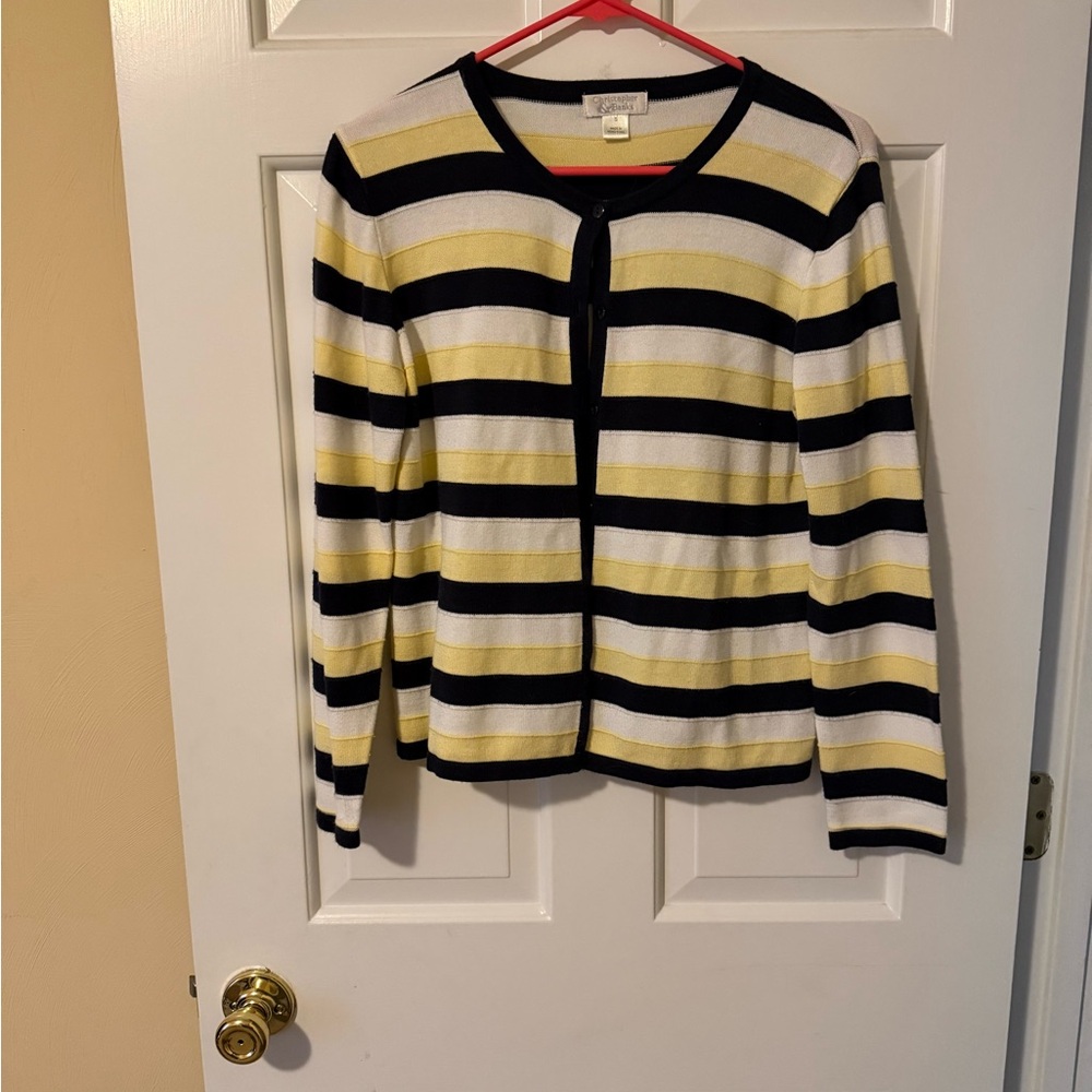 Christopher & Banks Navy, White & Yellow Striped Cardigan